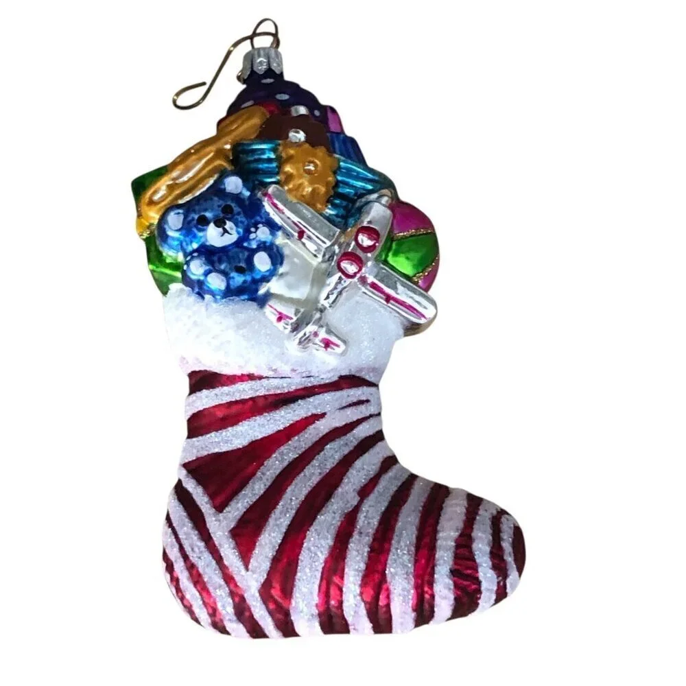 Vintage Christopher Radko Stocking with Presents Glass Ornament Plane Teddy Car